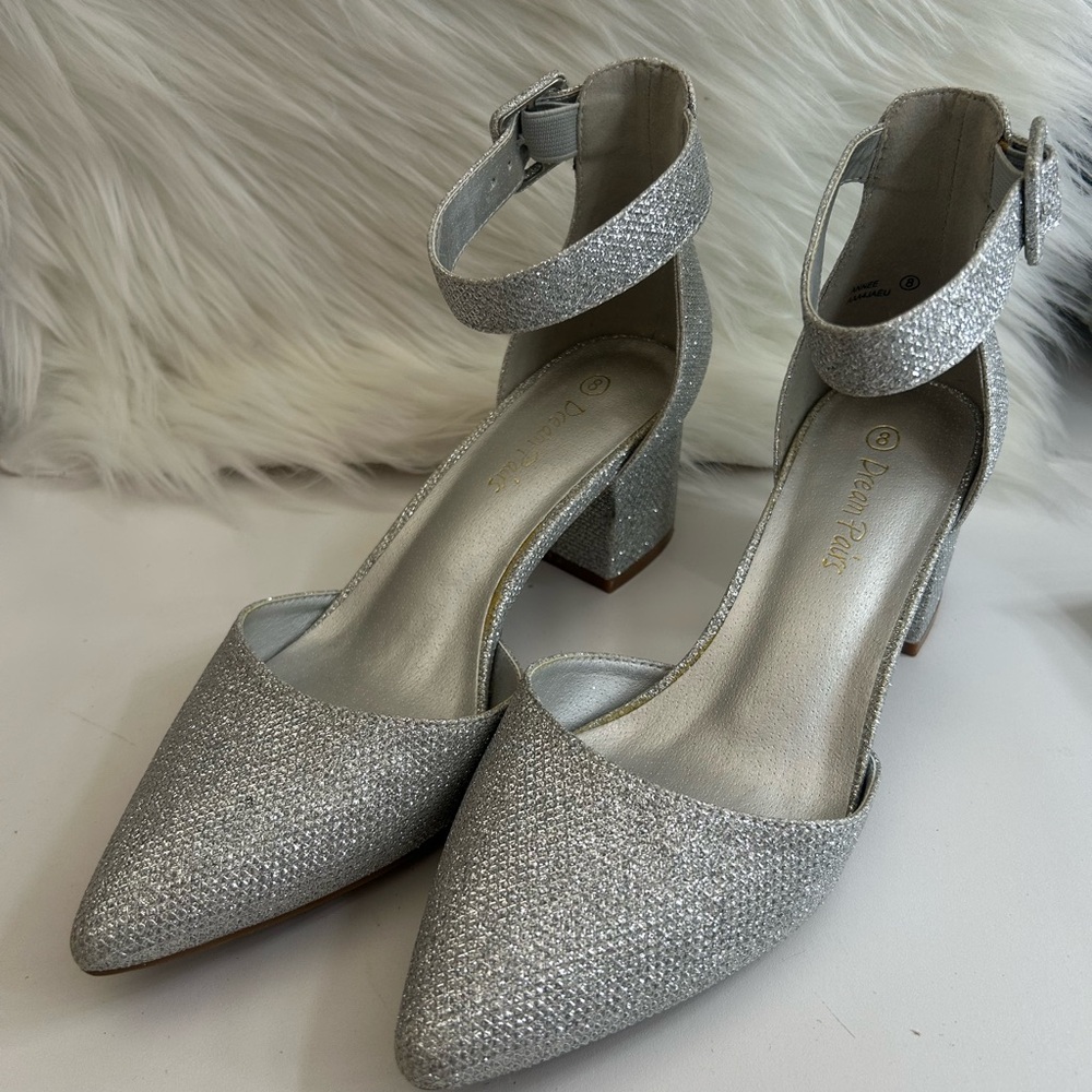 Glitter Ankle-Strap Pointed-Toe Heels - Silver